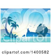 Poster, Art Print Of Silhouetted Ship Near A Lighthouse And Tropical Island With Palm Trees