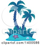 Poster, Art Print Of Tropical Island With Palm Trees In Blue Tones