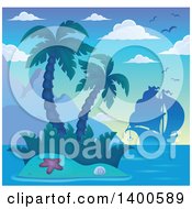 Poster, Art Print Of Silhouetted Ship Near A Tropical Island With Palm Trees