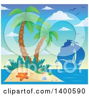 Clipart Of A Silhouetted Ship Near A Tropical Island With Palm Trees Royalty Free Vector Illustration by visekart
