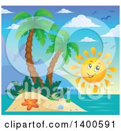 Poster, Art Print Of Happy Sun By A Tropical Island With Palm Trees