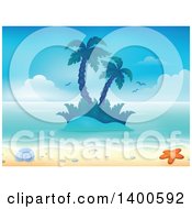 Poster, Art Print Of Background Of A Sandy Beach With Palm Trees On An Island A Shell And Starfish