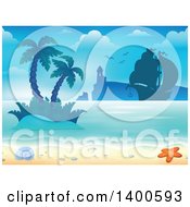 Poster, Art Print Of Background Of A Sandy Beach With Palm Trees A Boat Lighthouse Shell And Starfish
