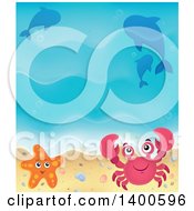 Poster, Art Print Of Background Of Ocean Waves On A Sandy Beach With Pebbles A Shell Crab Dolphins And Starfish
