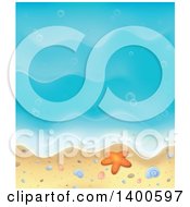 Poster, Art Print Of Background Of Ocean Waves On A Sandy Beach With Pebbles A Shell And Starfish