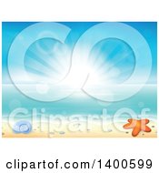 Poster, Art Print Of Background Of Ocean Waves On A Sandy Beach With Pebbles A Shell And Starfish At Sunrise