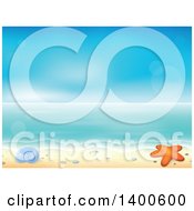 Poster, Art Print Of Background Of Ocean Waves On A Sandy Beach With Pebbles A Shell And Starfish