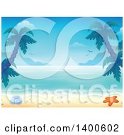 Clipart Of A Background Of A Sandy Beach With Palm Trees A Shell And Starfish Royalty Free Vector Illustration by visekart