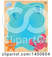 Poster, Art Print Of Background Border Of A Crab Shell Starfish Dolphins And Sand Around Water