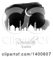 Black And White Watercolor Ramadan Kareem Background With A Silhouetted Mosque And Moon