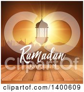Poster, Art Print Of Ramadan Kareem Background With A Silhouetted Mosque And Lantern Over A Sunset And Table