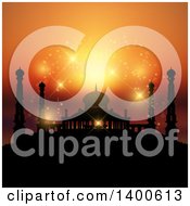 Clipart Of A Ramadan Kareem Background With A Silhouetted Mosque Over A Magical Sunset Royalty Free Vector Illustration