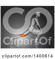 Clipart Of A 3d Anatomical Man Stretching His Legs With Visible Glowing Knee Pain And Bones On Gray Royalty Free Illustration by KJ Pargeter