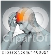 Poster, Art Print Of 3d Anatomical Man With A Glowing Headache And Barely Visible Spine On A Gray Background