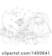 Clipart Of A Happy Black And White Lineart Boy And Puppy Roasting Over A Fire At A Camp Site Royalty Free Vector Illustration by Alex Bannykh