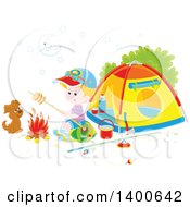 Poster, Art Print Of Happy Blond Caucasian Boy And Puppy By A Fire At A Camp Site