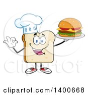 Poster, Art Print Of White Sliced Bread Chef Character Mascot Serving A Cheeseburger