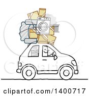 Stick Man Moving With His Belongings On Top Of His Car
