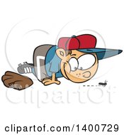 Cartoon Distracted Caucasian Boy Watching A Bug Instead Of Playing Baseball
