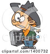 Clipart Of A Cartoon Young Cowboy Carrying A Tv Royalty Free Vector Illustration