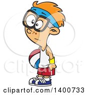 Poster, Art Print Of Cartoon Red Haired Caucasian Boy Wearing Glasses And A Headband Holding A Ball At Recess
