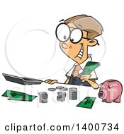 Poster, Art Print Of Cartoon Young Caucasian Accountant Boy Counting Money By A Piggy Bank