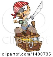 Cartoon Pirate Boy Holding A Sword And Sitting On A Treasure Chest