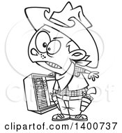 Poster, Art Print Of Cartoon Black And White Young Cowboy Carrying A Tv