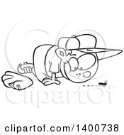 Clipart Of A Cartoon Black And White Distracted Boy Watching A Bug Instead Of Playing Baseball Royalty Free Vector Illustration