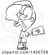 Clipart Of A Cartoon Black And White Boy Purchasing Something With Cash Money Royalty Free Vector Illustration