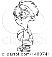 Clipart Of A Cartoon Black And White Boy Wearing Glasses And A Headband Holding A Ball At Recess Royalty Free Vector Illustration