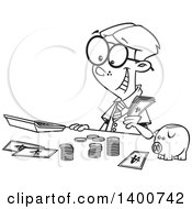Poster, Art Print Of Cartoon Black And White Young Accountant Boy Counting Money By A Piggy Bank