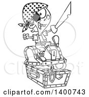Poster, Art Print Of Cartoon Black And White Pirate Boy Holding A Sword And Sitting On A Treasure Chest