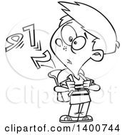 Clipart Of A Cartoon Black And White School Boy Watching Numbers Escape From His Backpack Royalty Free Vector Illustration