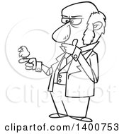 Clipart Of A Cartoon Black And White Man Charles Darwin Holding A Bird And Thinking Royalty Free Vector Illustration