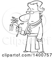 Cartoon Black And White Friar Man Gregor Mendel Holding A Pea Plant