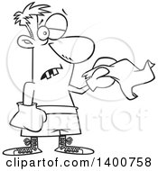 Cartoon Black And White Male Boxer With Missing Teeth And A Black Eye Throwing In The Towel