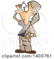 Cartoon Woman Jane Goodall Standing And Wearing Binoculars Around Her Neck