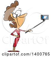 Clipart Of A Cartoon Brunette White Woman Taking A Portrait With A Selfie Stick Royalty Free Vector Illustration by toonaday