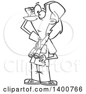 Poster, Art Print Of Cartoon Black And White Woman Jane Goodall Standing And Wearing Binoculars Around Her Neck