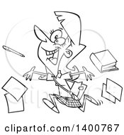Clipart Of A Cartoon Black And White Happy Female Teacher Running And Tossing Items On The Last Day Of School Royalty Free Vector Illustration