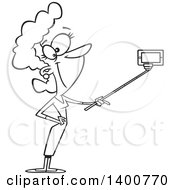Cartoon Black And White Woman Taking A Portrait With A Selfie Stick