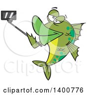 Poster, Art Print Of Cartoon Green Fish Taking A Portrait With A Selfie Stick