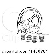 Clipart Of A Cartoon Black And White Girl Counting Her Money Royalty Free Vector Illustration