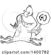 Clipart Of A Cartoon Black And White Monster Holding A Go Sign Royalty Free Vector Illustration by toonaday