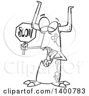 Clipart Of A Cartoon Black And White Monster Holding A Slow Sign Royalty Free Vector Illustration