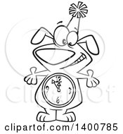 Clipart Of A Cartoon Black And White Party Dog With A Count Down Clock Body Royalty Free Vector Illustration
