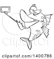 Poster, Art Print Of Cartoon Black And White Fish Taking A Portrait With A Selfie Stick