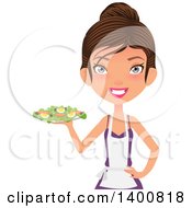 Happy White Female Chef Wearing An Apron And Serving A Salad