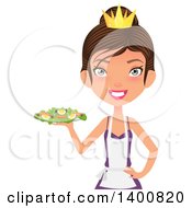 Poster, Art Print Of Happy White Female Chef Wearing An Apron And Crown And Serving A Salad